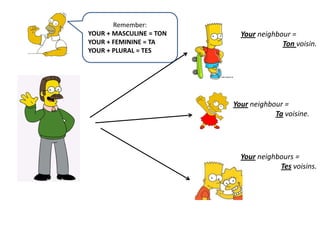 Remember:YOUR + MASCULINE = TONYOUR + FEMININE = TAYOUR + PLURAL = TESYourneighbour = Ton voisin.Yourneighbour = Tavoisine.Yourneighbours = Tesvoisins.