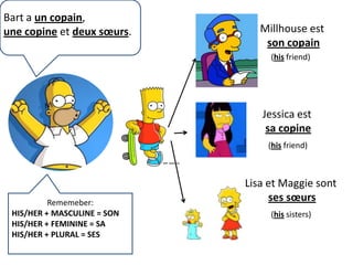Bart a un copain, une copine et deux sœurs.Millhouse est son copain(hisfriend)Jessica est sa copine(hisfriend)Lisa et Maggie sont ses sœursRememeber: HIS/HER + MASCULINE = SONHIS/HER + FEMININE = SAHIS/HER + PLURAL = SES(hissisters)