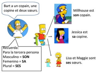 Bart a un copain, une copine et deux  sœurs. Millhouse est  son  copain. Jessica est  sa  copine. Lisa et Maggie sont  ses   sœurs. Recuerda:  Para la tercera persona Masculino =  SON Femenino =  SA Plural =  SES 