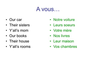 A vous…
• Our car
• Their sisters
• Y’all’s mom
• Our books
• Their house
• Y’all’s rooms
• Notre voiture
• Leurs soeurs
• Votre mère
• Nos livres
• Leur maison
• Vos chambres
 