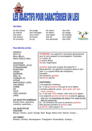 Les lieux:
Un lieu (lieux) Une plage Un volcan Une ville
Un endroit Une montagne Un désert Un village
Une place Une rivièr...