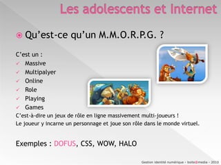 Les adolescents et InternetQue font les ados sur Internet ?3- Consulter les réseaux sociaux et blogs(15.2 %)Skyblog