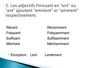 Récent                  Récemment
Fréquent                Fréquemment
Suffisant               Suffisamment
Méchant                 Méchammant

    Exception: Lent   Lentement
 