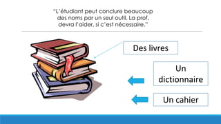 Des livres
Un cahier
Un
dictionnaire
“L’étudiant peut conclure beaucoup
des noms par un seul outil. La prof,
devra l’aider, si c’est nécessaire.”
 