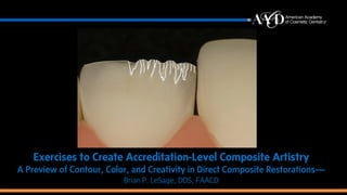 Exercises to Create Accreditation-Level Composite Artistry
A Preview of Contour, Color, and Creativity in Direct Composite Restorations—
Brian P. LeSage, DDS, FAACD
 