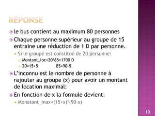 Réponsele bus contient au maximum 80 personnesChaque personne supérieur au groupe de 15 entraine une réduction de 1 D par personne.Si le groupe est constitué de 20 personne:Montant_loc=20*85=1700 D20=15+5              85=90-5L’inconnu est le nombre de personne à rajouter au groupe (x) pour avoir un montant de location maximal:En fonction de x la formule devient:Monatant_max=(15+x)*(90-x)10