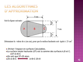 Les algorithmes d’approximationACB Diviser l’espace en surfaces Calculables.La surface totale hachurée (ST) est la somme des surfaces A,B et C.ST=A+B+COn sait que ST=25 alors25=A+B+C                     A+B+C-25=012