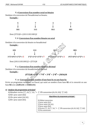 PROF : Mohamed SAYARI                              4 SI                       LES ALGORITHMES D’ARITHMETIQUES



             V.7 Conversion d’un nombre octal en binaire
Similaire à la conversion de l’hexadécimal en binaire.
     Exemple :

                5                      7                          3                          1


               101                    111                       011                        001

     Donc (5731)8 = (101111011001)2

             V. 8 Conversion d’un nombre binaire en octal

Similaire à la conversion du binaire en hexadécimal
     Exemple :

         101                         111                           011                            001


  1*22+0*21+1*20 = 5          1*22+1*21+1*20 = 7           0*22+1*21+1*20 = 3             0*22+0*21+1*20 = 1

     Donc (101111011001)2 = (5731)8

             V. 9 Conversion d’un nombre octal en décimal
Similaire à la conversion du hexadécimal en décimal
     Exemple :
                          (5732)8 = 5*83 + 7*82 + 3*81 + 2*80 = (3034)10

            V. 10 Conversion d’un nombre d’une base b1 en une base b2
Ecrire un programme modulaire en Pascal, qui saisit un nombre d’une base B1 et le convertit en une
base B2 avec (2≤B1≤16 et 2≤B2≤16)

a) Analyse du programme principal
   4) Résultat= écrire ("(", ch,") ", b1, "= (", FN conversion (ch, b1, b2), ")", b2)
   3) B2= proc saisir (b2)
                                                           Algorithme du programme principal :
   2) Ch= proc saisir (ch, b1)
   1) B1= proc saisir (b1)                   0) Début conversion
                                            1) proc saisir (b1)
                                            2) proc saisir (ch, b1)
                                            3) proc saisir (b2)
                                            4) écrire ("(", ch,") ", b1, "= (", FN conversion (ch, b1, b2), ")", b2)
                                            5) Fin conversion




                                                                                                               14
 