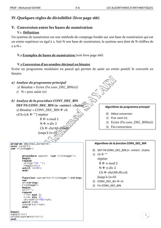PROF : Mohamed SAYARI                        4 SI                  LES ALGORITHMES D’ARITHMETIQUES


IV. Quelques règles de divisibilité (livre page 166)

V. Conversion entre les bases de numération
    V.1 Définition
Un système de numération est une méthode de comptage fondée sur une base de numération qui est
un entier supérieur ou égal à 2. Soit N une base de numération, le système sera doté de N chiffres de
0 à N-1

    V.2 Exemples de bases de numération (voir livre page 166)

    V.3 Conversion d’un nombre décimal en binaire
Ecrire un programme modulaire en pascal qui permet de saisir un entier positif, le convertit en
binaire.

a) Analyse du programme principal
    2) Résultat = Ecrire (Fn conv_DEC_BIN(n))
   1) N = proc saisir (n)

b) Analyse de la procédure CONV_DEC_BIN
   DEF FN CONV_DEC_BIN (n : entier) : chaîne                      Algorithme du programme principal
   2) Résultat = CONV_DEC_BIN  ch
   1)Ch=[ch  ""] répéter                                          0) Début conversion
                    R  n mod 2                                    1) Proc saisir (n)
                    N  n div 2                                    2) Ecrire (Fn conv_DEC_BIN(n))
                    Ch  chr(48+R)+ch                              3) Fin conversion
                   Jusqu’à (n=0)


                                                           Algorithme de la fonction CONV_DEC_BIN

                                                         0) DEF FN CONV_DEC_BIN (n : entier) : chaîne
                                                         1) Ch  ""
                                                             répéter
                                                              R  n mod 2
                                                              N  n div 2
                                                              Ch  chr(48+R)+ch
                                                             Jusqu’à (n=0)
                                                         2) CONV_DEC_Bin  ch
                                                         3) Fin CONV_DEC_BIN




                                                                                                 5
 
