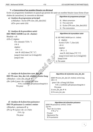 PROF : Mohamed SAYARI                              4 SI                      LES ALGORITHMES D’ARITHMETIQUES


    V. 4 Conversion d’un nombre binaire en décimal
Ecrire un programme modulaire en pascal qui permet de saisir un nombre binaire (sous forme d’une
chaîne de caractères), le convertit en décimal.
                                                              Algorithme du programme principal
  a) Analyse du programme principal
      2) Résultat = Ecrire (FN conv_bin_dec(ch))               0) Début conversion
      1)Ch= proc saisir (ch)                                   1) Proc saisir (ch)
                                                               2) Ecrire (FN conv_bin_dec(ch))
                                                               3) Fin conversion
  b) Analyse de la procédure saisir
DEF PROC SAISIR (var ch : chaîne)                                         Algorithme de la procédure saisir
Résultat = ch                                                       0) DEF PROC SAISIR (var ch : chaîne)
1)Ch=[ ] répéter                                                        1) répéter
          Ch= donnée ("CH= ")                                            Ecrire ("CH= "), lire (ch)
          i0                                                            i0
          répéter                                                        répéter
           ii+1                                                          ii+1
           test  ch[i] dans ["0","1"]                                    test  ch[i] dans ["0","1"]
          jusqu’à (non test) ou (i=long(ch))                             jusqu’à (non test) ou (i=long(ch))
          jusqu’à test                                                 Jusqu’à test
                                                                    2) Fin saisir




  c) Analyse de la fonction conv_bin_dec                             Algorithme de la fonction conv_bin_dec
DEF FN conv_bin_dec (ch :chaîne) : entier long
                                                              0)DEF FN conv_bin_dec (ch :chaîne): entire long
2)Résultat = conv_bin_dec  n
                                                              1)N <- 0
1)N= [n0] pour i de 1 à long (ch) faire
                                                               pour i de 1 à long (ch) faire
              N  n +(ord(ch[i])-48)*puissance(long(ch)-i)
                                                                    N  n +(ord(ch[i])-48)*puissance(long(ch)-i)
            Fin pour
                                                                  Fin pour
                                                              2) conv_bin_dec  N
                                                              3) Fin conv_bin_dec




  d) Analyse de la fonction puissance                               Algorithme de la fonction puissance
DEF FN puissance (x :entier) :entier                   0)DEF FN puissane (x :entier) : entier
2)Résultat = puissance p                              1)p 1
                                                         Pour i de 1 à x faire
1)P=[ p 1] pour i de 1 à x Faire
                                                               Pp*2
              P  2*p                                   Fin pour
            Fin pour                                    2)puissance p
                                                        3) Fin puissance



                                                                                                              6
 