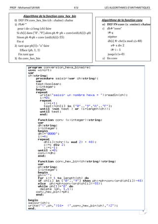PROF : Mohamed SAYARI                              4 SI               LES ALGORITHMES D’ARITHMETIQUES

          Algorithme de la fonction conv_hex_bin
                      jusqu’à (x=0)
   0) DEF FN conv_hex_bin (ch : chaîne): chaîne                     Algorithme de la fonction conv
   1) Ph""                                                         0) DEF FN conv (x : entier): chaîne
     pour i de 1 à long (ch) faire                                  1) dh"0000"
     Si ch[i] dans ["0".."9"] alors ph  ph + conv(ord(ch[i])-48)      i4
     Sinon ph ph + conv (ord(ch[i])-55)                               répéter
     Fin si                                                            dh[i]  chr((x mod 2)+48)
   2) tant que ph[1]= "0" faire                                          x x div 2
        Efface (ph, 1, 1)                                                i i – 1
      Fin tant que                                                      jusqu’à (x=0)
   3) fin conv_hex_bin                                              2) fin conv

4) Fin conv_hex_bin




                                                                                                     9
 