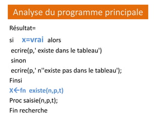 Analyse du programme principale
Résultat=
si x=vrai alors
ecrire(p,' existe dans le tableau')
sinon
ecrire(p,' n''existe pas dans le tableau');
Finsi
Xfn existe(n,p,t)
Proc saisie(n,p,t);
Fin recherche
 