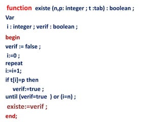 function existe (n,p: integer ; t :tab) : boolean ;
Var
i : integer ; verif : boolean ;
begin
verif := false ;
i:=0 ;
repeat
i:=i+1;
if t[i]=p then
verif:=true ;
until (verif=true ) or (i=n) ;
existe:=verif ;
end;
 