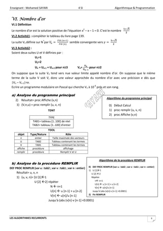 Enseignant : Mohamed SAYARI                              4 SI                               Algorithmique & Programmation


 VI. Nombre d’or
 VI.1 Définition
                                                                                                        √
 Le nombre d’or est la solution positive de l’équation x2 – x – 1 = 0. C’est le nombre
 VI.2 Activité1 : compléter le tableau du livre page 139.
                                                                                           √
 La suite Vn définie sur N*par                    semble convergente vers
 VI.3 Activité2 :
 Soient deux suites U et V définies par :
                  U1=1
                  U2=2
                     Un = Un-1 + Un-2 pour n≥3          Vn=       pour n≥2
 On suppose que la suite Vn tend vers nue valeur limite appelé nombre d’or. On suppose que le nième
 terme de la suite V soit V, donc une valeur approchée du nombre d’or avec une précision e dés que
 |Vn – Vn-1|<e.
 Ecrire un programme modulaire en Pascal qui cherche Vn à 10-4 prés et son rang.

 a) Analyse du programme principal
                                                                                    Algorithme du programme principal
    2) Résultat= proc Affiche (v,n)
     1) (V,n,u) = proc remplir (u, v, n)                                              0)   Début Calcul
                                TDNT                                                  1)   proc remplir (u, v, n)
                                                                                      2)   proc Affiche (v,n)
                               TYPE
                                                                                      3)   fin
                   TAB1= tableau [1..100] de réel
                   TAB2= tableau [1..100] d’entier
                                TDOL
      objet      Type/Nature                  Rôle
         n           entier        Taille maximale des vecteurs
         U           TAB2          Tableau contenant les termes
         V           TAB1          Tableau contenant les termes
      affiche      procédure                 affichage
      remplir      procédure               Remplit V et U


                                                                            Algorithme de la procédure REMPLIR
 b) Analyse de la procédure REMPLIR
                                                                  0) DEF PROC REMPLIR (var u : tab2 ; var v : tab1 ; var n : entier)
DEF PROC REMPLIR (var u : tab2 ; var v : tab1 ; var n : entier)
                                                                  1) U [1]1
     Résultat= u, v, n                                              U [2] 2
     1) (u, v, n)= [U [1]1                                         Répéter
                                                                       n n+1
                    U [2] 2] répéter
                                                                       U[n]  u [n-1] + u [n-2]
                                N  n+1                                V[n]  u[n]/u [n-1]
                                U[n]  u [n-1] + u [n-2]             Jusqu’à (abs (v[n]-v [n-1] <0.0001)
                                                                  2) Fin REMPLIR
                                V[n]  u[n]/u [n-1]
                              Jusqu’à (abs (v[n]-v [n-1] <0.0001)




LES ALGORITHMES RECURRENTS                                                                                                      9
 