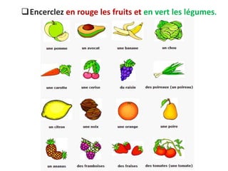 Encerclez en rouge les fruits et en vert les légumes.