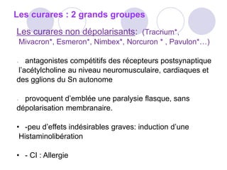 Les curares : 2 grands groupes
Les curares non dépolarisants: (Tracrium*,
Mivacron*, Esmeron*, Nimbex*, Norcuron * , Pavulon*…)
● antagonistes compétitifs des récepteurs postsynaptique
l’acétylcholine au niveau neuromusculaire, cardiaques et
des gglions du Sn autonome
● provoquent d’emblée une paralysie flasque, sans
dépolarisation membranaire.
• -peu d’effets indésirables graves: induction d’une
Histaminolibération
• - CI : Allergie
 
