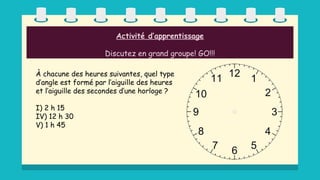 À chacune des heures suivantes, quel type
d’angle est formé par l’aiguille des heures
et l’aiguille des secondes d’une horloge ?
I) 2 h 15
IV) 12 h 30
V) 1 h 45
Activité d’apprentissage
Discutez en grand groupe! GO!!!
 
