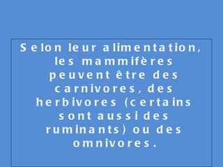 Selon leur alimentation, les mammifères peuvent être des carnivores, des herbivores (certains sont aussi des ruminants) ou des omnivores. 