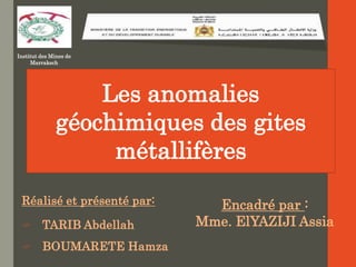 Les anomalies
géochimiques des gites
métallifères
Réalisé et présenté par:
 TARIB Abdellah
 BOUMARETE Hamza
Encadré par :
Mme. ElYAZIJI Assia
Institut des Mines de
Marrakech
 