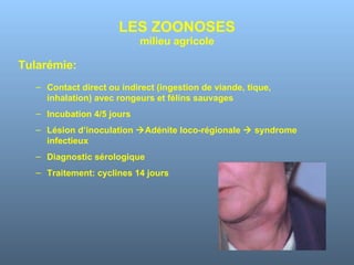 LES ZOONOSES milieu agricole Tularémie: Contact direct ou indirect (ingestion de viande, tique, inhalation) avec rongeurs et félins sauvages Incubation 4/5 jours Lésion d’inoculation   Adénite loco-régionale    syndrome infectieux Diagnostic sérologique Traitement: cyclines 14 jours 