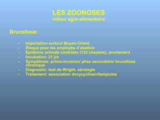 LES ZOONOSES milieu agro-alimentaire Brucellose: Importation surtout Moyen-Orient Risque pour les employés d’abattoir Épidémie animale contrôlée (133 cheptels), avortement Incubation: 21 jrs Symptômes: primo-invasion/ phse secondaire/ brucellose chronique Diagnostic: test de Wright, sérologie Traitement: association doxycycline/rifampicine 