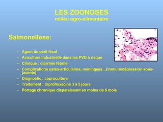 LES ZOONOSES milieu agro-alimentaire Salmonellose: Agent du péril fécal Aviculture industrielle dans les PVD à risque Clinique : diarrhée fébrile  Complications ostéo-articulaires, méningées…(immunodépression sous-jacente) Diagnostic : coproculture Traitement : Ciprofloxacine 3 à 5 jours Portage chronique disparaissant en moins de 6 mois 