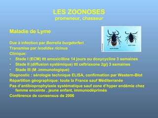 LES ZOONOSES promeneur, chasseur Maladie de Lyme Due à infection par  Borrelia burgdorferi Transmise par  Ixodides ricinus Clinique:  Stade I (ECM) ttt amoxicilline 14 jours ou doxycycline 3 semaines Stade II (diffusion systémique) ttt ceftriaxone 2g/j 3 semaines Stade III (M .immunologique) Diagnostic : sérologie technique ELISA, confirmation par Western-Blot Répartition géographique: toute la France sauf Méditerranée Pas d’antibioprophylaxie systématique sauf zone d’hyper endémie chez femme enceinte , jeune enfant, immunodéprimés Conférence de consensus de 2006 