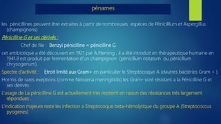 pénames
les pénicillines peuvent être extraites à partir de nombreuses espèces de PénicillIum et Aspergillus
(champignons)
Pénicilline G et ses dérivés :
Chef de file : Benzyl pénicilline = pénicilline G
cet antibiotique a été découvert en 1921 par A.Fleming , il a été introduit en thérapeutique humaine en
1941.Il est produit par fermentation d’un champignon (pénicillum notatum ou pénicillum
chrysogenum).
Spectre d’activité : Etroit limité aux Gram+ en particulier le Streptocoque A (dautres bactéries Gram + )
Hormis de rares exeptions (comme Neisseria meningitidis) les Gram- sont résistant a la Pénicilline G et
ses dérivés
L’usage de La pénicilline G est actuellement très restreint en raison des résistances très largement
répondues .
L’indication majeure reste les infection a Streptocoque beta-hémolytique du groupe A (Streptococcus
pyogenes)
 