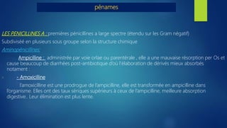 pénames
LES PENICILLINES A : premières pénicillines a large spectre (étendu sur les Gram négatif)
Subdiviséé en plusieurs sous groupe selon la structure chimique
Aminopénicillines:
Ampicilline : administrée par voie orlae ou parentérale , elle a une mauvaise résorption per Os et
cause beaucoup de diarrhées post-antibiotique d’où l’élaboration de dérivés mieux absorbés
notament :
> - Amoxicilline
l’amoxicilline est une prodrogue de l’ampicilline, elle est transformée en ampicilline dans
l’organisme. Elles ont des taux sériques supérieurs à ceux de l’ampicilline, meilleure absorption
digestive.. Leur élimination est plus lente.
 