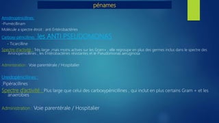 pénames
Amidinopénicillines:
-Pivmécillinam
Molécule a spectre étroit : anti Entérobactéries
Carboxy-pénicillines : les ANTI PSEUDOMONAS
- Ticarcilline
Spectre d’activité : Très large ,mais moins actives sur les Gram+ , elle regroupe en plus des germes inclus dans le spectre des
Aminopenicillines , les Entérobactéries résistantes et le Pseudomonas aeruginosa
Administration : Voie parentérale / Hospitalier
Ureidopénicillines :
Pipéracillines
Spectre d’activité : Plus large que celui des carboxypénicillines , qui inclut en plus certains Gram + et les
anaerobies
Administration : Voie parentérale / Hospitalier
 