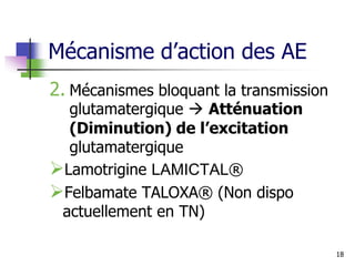 Mécanisme d’action des AE
2. Mécanismes bloquant la transmission
glutamatergique  Atténuation
(Diminution) de l’excitation
glutamatergique
Lamotrigine LAMICTAL®
Felbamate TALOXA® (Non dispo
actuellement en TN)
18
 
