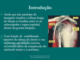 Introdução
• Ainda que não participe do
manguito rotador, a cabeça longa
do bíceps se localiza entre os m.
subescapular e supra-espinhal,
dentro da goteira bicíptal.;
• Com função de estabilização
anterior da cabeça do úmero e sua
depressão em rotação externa,
ocorrendo alívio da compressão do
tubérculo maior e o acrômio;
http://traumatologiaeortopedia.com &
www.ortopediabrasil.blogspot.com.br
 