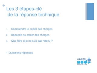 +

Les 3 étapes-clé
de la réponse technique
1.

Comprendre le cahier des charges

2.

Réponde au cahier des charges

3.

Que faire si je ne suis pas retenu ?



Questions-réponses

 