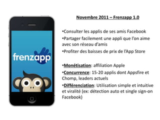 Novembre 2011 – Frenzapp 1.0

•Consulter les applis de ses amis Facebook
•Partager facilement une appli que l’on aime
avec son réseau d’amis
•Profiter des baisses de prix de l’App Store

•Monétisation: affiliation Apple
•Concurrence: 15-20 applis dont Appsfire et
Chomp, leaders actuels
•Différenciation: Utilisation simple et intuitive
et viralité (ex: détection auto et single sign-on
Facebook)
 