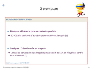 +
                                            2 promesses

    La publicité du dernier mètre !




         Marques : Générer la prise en main des produits
        60-70% des décisions d’achat se prennent devant le rayon.(1)




         Enseignes : Créer du trafic en magasin
        Le taux de conversion d’un magasin physique est de 55% en moyenne, contre
        3% sur Internet.(2)


    (1) Iphone-lemag.com | (2) FEVAD 2009


Scanbucks – Les App Awards – 08/03/2011                                              31
 