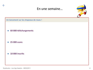 +
                                          En une semaine…

    Un lancement sur les chapeaux de roues !




         60 000 téléchargements



         25 000 scans



         10 000 inscrits




Scanbucks – Les App Awards – 08/03/2011                     32
 