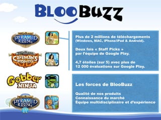 Plus de 2 millions de téléchargements
(Windows, MAC, iPhone/iPad & Android).

Deux fois « Staff Picks »
par l’équipe de Google Play.

4,7 étoiles (sur 5) avec plus de
12 000 évaluations sur Google Play.




Les forces de BlooBuzz

Qualité de nos produits
Connaissance du marché
Équipe multidisciplinaire et d’expérience
 
