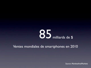 85      milliards de $

Ventes mondiales de smartphones en 2010



                               Source: MarketsAndMarkets
 
