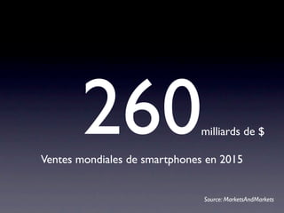 260                    milliards de $

Ventes mondiales de smartphones en 2015


                               Source: MarketsAndMarkets
 
