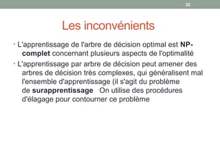 Les inconvénients
• L'apprentissage de l'arbre de décision optimal est NP-
complet concernant plusieurs aspects de l'optimalité
• L'apprentissage par arbre de décision peut amener des
arbres de décision très complexes, qui généralisent mal
l'ensemble d'apprentissage (il s'agit du problème
de surapprentissage On utilise des procédures
d'élagage pour contourner ce problème
25
 