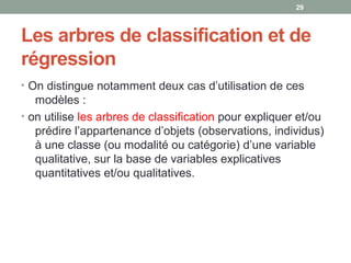 Les arbres de classification et de
régression
• On distingue notamment deux cas d’utilisation de ces
modèles :
• on utilise les arbres de classification pour expliquer et/ou
prédire l’appartenance d’objets (observations, individus)
à une classe (ou modalité ou catégorie) d’une variable
qualitative, sur la base de variables explicatives
quantitatives et/ou qualitatives.
29
 