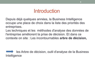 Introduction
Depuis déjà quelques années, la Business Intelligence
occupe une place de choix dans la liste des priorités des
entreprises.
Les techniques et les méthodes d'analyse des données de
l'entreprise améliorent la prise de décision. Et dans ce
contexte on site : Les incontournables arbre de décision,
les Arbre de décision, outil d'analyse de la Business
Intelligence
3
 