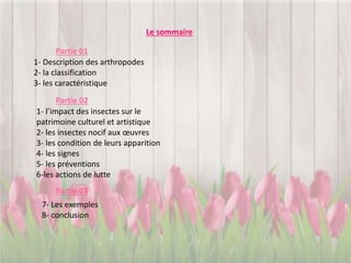 Le sommaire
1- Description des arthropodes
2- la classification
3- les caractéristique
Partie 01
Partie 02
1- l’impact des insectes sur le
patrimoine culturel et artistique
2- les insectes nocif aux œuvres
3- les condition de leurs apparition
4- les signes
5- les préventions
6-les actions de lutte
Partie 03
7- Les exemples
8- conclusion
 