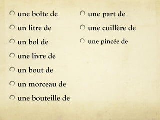 une boîte de
un litre de
un bol de
une livre de
un bout de
un morceau de
une bouteille de
une part de
une cuillère de
une pincée de
 