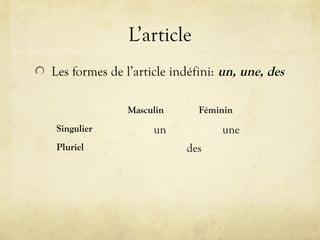 L’article
Les formes de l’article indéfini: un, une, des
Masculin Féminin
Singulier un une
Pluriel des
 