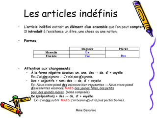 Mme Deyanira
Les articles indéfinis
• L’article indéfini extrait un élément d’un ensemble que l’on peut compter.
Il introduit à l’existence un être, une chose ou une notion.
• Formes
• Attention aux changements:
– À la forme négative absolue: un, une, des → de, d’ + voyelle
Ex: J’ai des oignons → Je n’ai pas d’oignons.
– Des + adjectifs + nom: des → de, d’ + voyelle
Ex: Nous avons passé des vacances bien reposantes → Nous avons passé
d’excellentes vacances. MAIS des jeunes filles, des petits
pois, des grands-mères…(noms composés)
– De (préposition) + des → de, d’ + voyelle
Ex: J’ai des outils MAIS J’ai besoin d’outils plus perfectionnés.
 