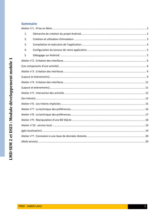 LMDSEM2etDSI3:Moduledéveloppementmobile1
PROF : SABER LAJILI 1
Sommaire
Atelier n°1 : Prise en Main................................................................................................................................. 2
1. Démarche de création du projet Android.......................................................................................... 2
2. Création et utilisation d'émulateur ................................................................................................... 3
3. Compilation et exécution de l’application......................................................................................... 4
4. Configuration du lanceur de notre application ................................................................................. 5
5. Débogage sur Android....................................................................................................................... 5
Atelier n°2 : Création des interfaces.................................................................................................................. 6
(Les composants d’une activité)........................................................................................................................ 6
Atelier n°3 : Création des interfaces.................................................................................................................. 9
(Layout et évènements)..................................................................................................................................... 9
Atelier n°4 : Création des interfaces................................................................................................................ 11
(Layout et évènements)................................................................................................................................... 11
Atelier n°5 : Interaction des activités .............................................................................................................. 12
(les Intents)...................................................................................................................................................... 12
Atelier n°6 : Les Intents implicites ................................................................................................................... 15
Atelier n°7 : La technique des préférences...................................................................................................... 16
Atelier n°8 : La technique des préférences...................................................................................................... 17
Atelier n°9 : Manipulation d’une BD SQLite .................................................................................................... 18
Atelier n°10 : service local ............................................................................................................................... 19
(géo localisation).............................................................................................................................................. 19
Atelier n°7 : Connexion à une base de données distante................................................................................ 20
(Web service)................................................................................................................................................... 20
 