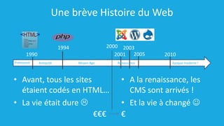 Une brève Histoire du Web
• Avant, tous les sites
étaient codés en HTML…
• La vie était dure 
• A la renaissance, les
CMS sont arrivés !
• Et la vie à changé 
20001994
1990 2001
2003
2005
Préhistoire Antiquité Moyen-Age Renaissance Epoque moderne !
2010
€€€ €
 