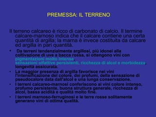 Il terreno calcareo è ricco di carbonato di calcio. Il termine calcare-marnoso indica che il calcare contiene una certa quantità di argilla; la marna è invece costituita da calcare ed argilla in pari quantità. Da terreni tendenzialmente argillosi, più idonei alla coltivazione di uve a bacca rossa, si ottengono vini con  pigmentazioni molto intense ,  sensazioni olfattive persistenti, ricchezza di alcol e morbidezza , longevità assicurata. La maggior presenza di argilla favorisce nei vini l'intensificazione del colore, dei profumi, della sensazione di pseudocalore data dall'alcol e una lunga conservazione. I terreni calcareo-marnosi conferiscono ai vini colore intenso, profumo persistente, buona struttura generale, ricchezza di alcol, bassa acidità e qualità molto fine. I terreni marnoso-ferruginosi e le terre rosse solitamente generano vini di ottima qualità. PREMESSA: IL TERRENO 