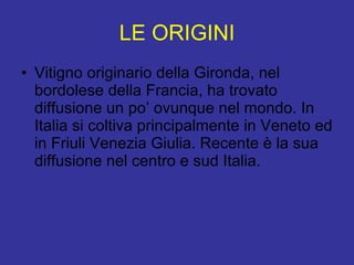 LE ORIGINI Vitigno originario della Gironda, nel bordolese della Francia, ha trovato diffusione un po’ ovunque nel mondo. In Italia si coltiva principalmente in Veneto ed in Friuli Venezia Giulia. Recente è la sua diffusione nel centro e sud Italia.  